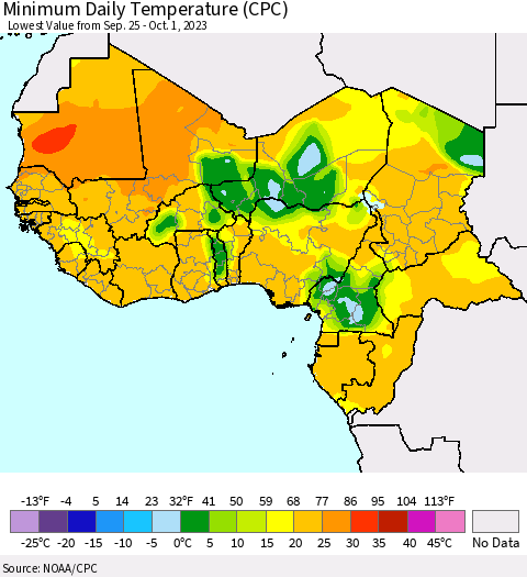 Western Africa Minimum Daily Temperature (CPC) Thematic Map For 9/25/2023 - 10/1/2023