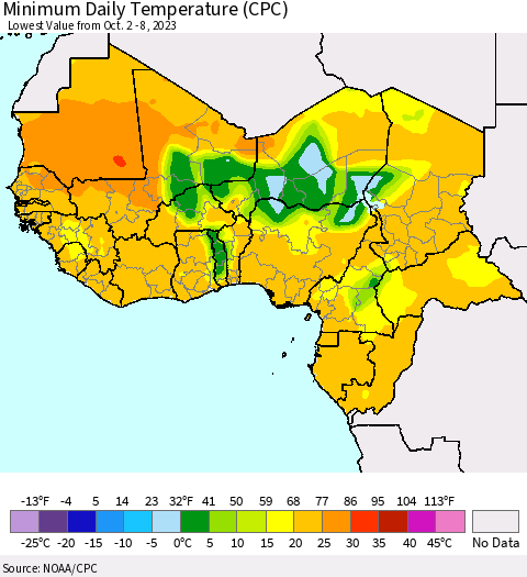 Western Africa Minimum Daily Temperature (CPC) Thematic Map For 10/2/2023 - 10/8/2023