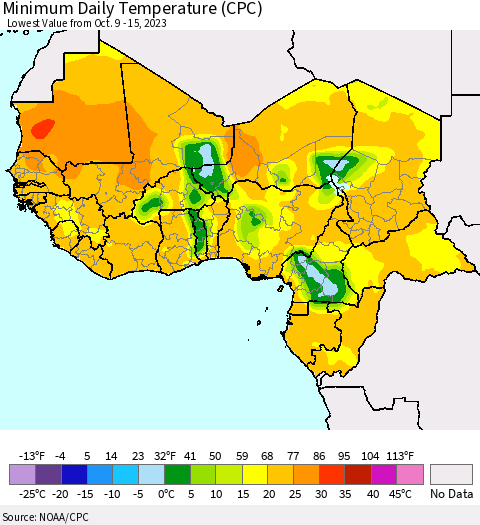 Western Africa Minimum Daily Temperature (CPC) Thematic Map For 10/9/2023 - 10/15/2023