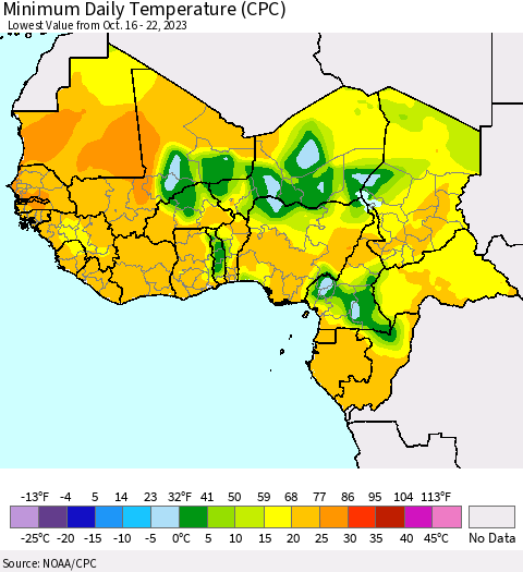 Western Africa Minimum Daily Temperature (CPC) Thematic Map For 10/16/2023 - 10/22/2023