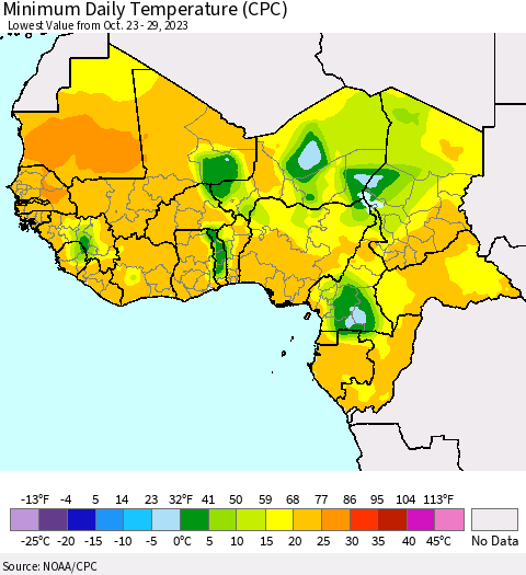 Western Africa Minimum Daily Temperature (CPC) Thematic Map For 10/23/2023 - 10/29/2023