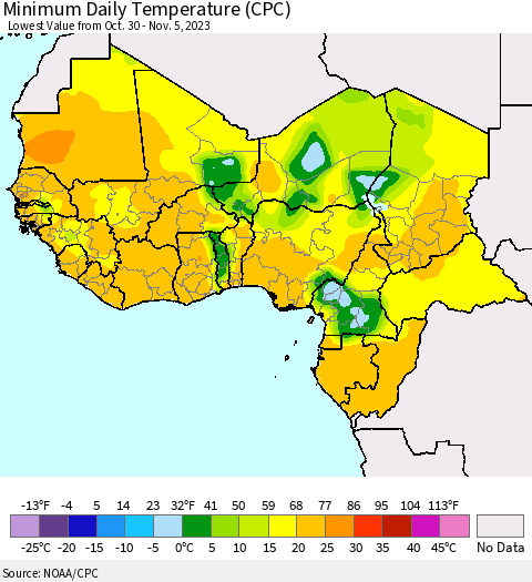 Western Africa Minimum Daily Temperature (CPC) Thematic Map For 10/30/2023 - 11/5/2023