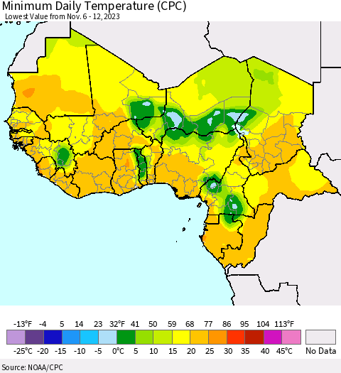 Western Africa Minimum Daily Temperature (CPC) Thematic Map For 11/6/2023 - 11/12/2023