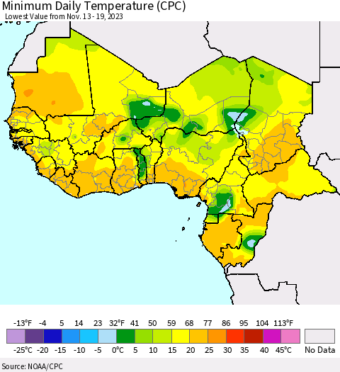 Western Africa Minimum Daily Temperature (CPC) Thematic Map For 11/13/2023 - 11/19/2023