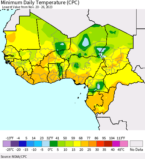 Western Africa Minimum Daily Temperature (CPC) Thematic Map For 11/20/2023 - 11/26/2023