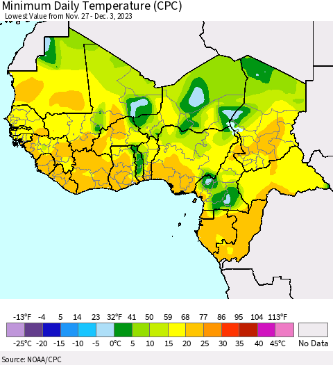 Western Africa Minimum Daily Temperature (CPC) Thematic Map For 11/27/2023 - 12/3/2023