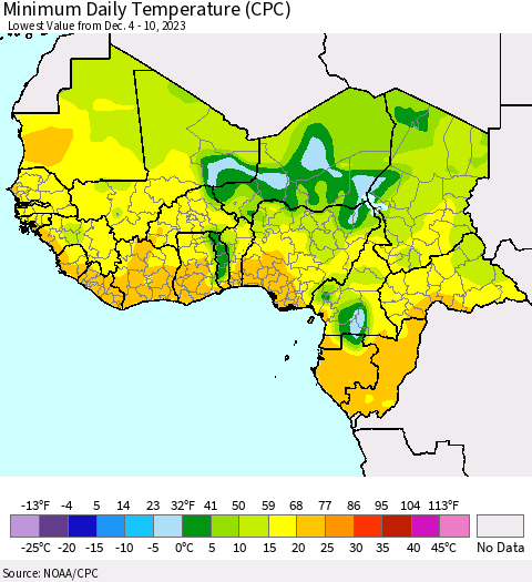 Western Africa Minimum Daily Temperature (CPC) Thematic Map For 12/4/2023 - 12/10/2023