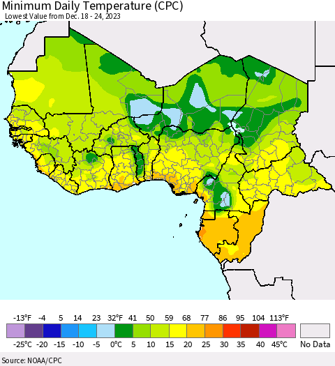 Western Africa Minimum Daily Temperature (CPC) Thematic Map For 12/18/2023 - 12/24/2023