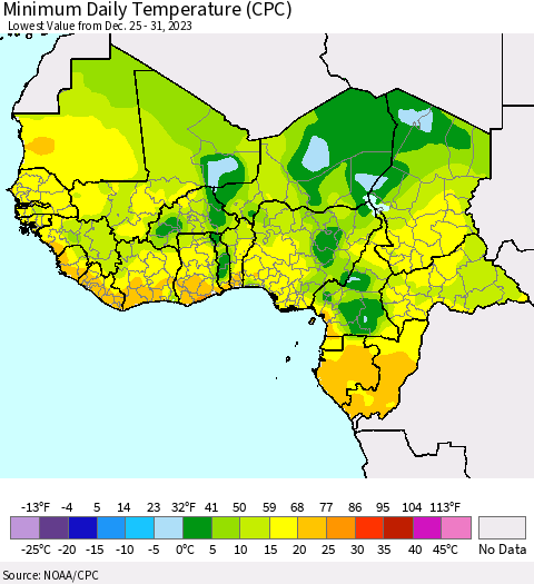 Western Africa Minimum Daily Temperature (CPC) Thematic Map For 12/25/2023 - 12/31/2023
