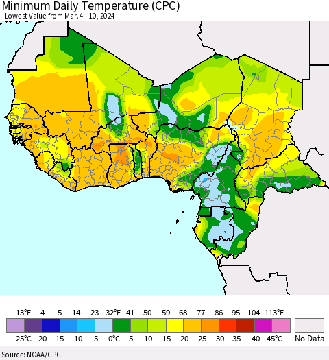 Western Africa Minimum Daily Temperature (CPC) Thematic Map For 3/4/2024 - 3/10/2024