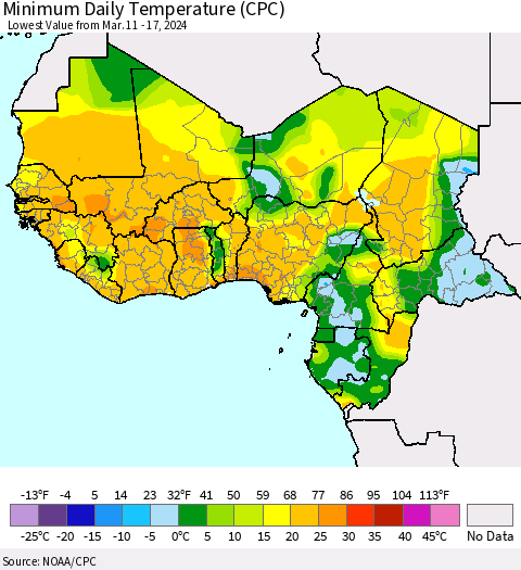 Western Africa Minimum Daily Temperature (CPC) Thematic Map For 3/11/2024 - 3/17/2024
