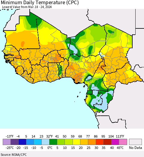 Western Africa Minimum Daily Temperature (CPC) Thematic Map For 3/18/2024 - 3/24/2024