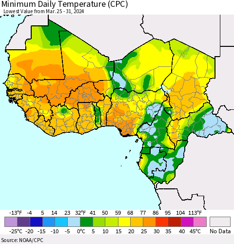 Western Africa Minimum Daily Temperature (CPC) Thematic Map For 3/25/2024 - 3/31/2024