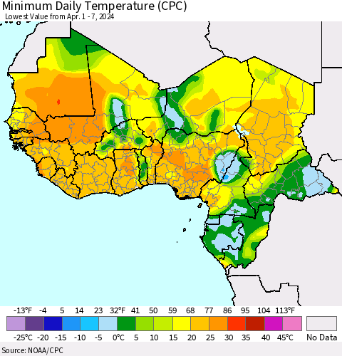 Western Africa Minimum Daily Temperature (CPC) Thematic Map For 4/1/2024 - 4/7/2024
