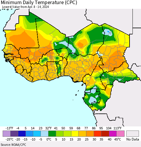 Western Africa Minimum Daily Temperature (CPC) Thematic Map For 4/8/2024 - 4/14/2024