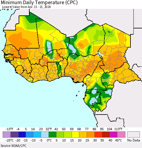 Western Africa Minimum Daily Temperature (CPC) Thematic Map For 4/15/2024 - 4/21/2024