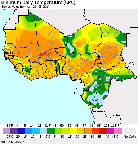 Western Africa Minimum Daily Temperature (CPC) Thematic Map For 4/22/2024 - 4/28/2024
