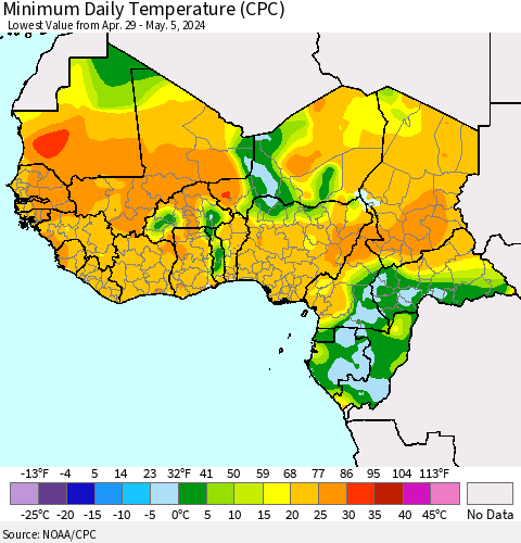 Western Africa Minimum Daily Temperature (CPC) Thematic Map For 4/29/2024 - 5/5/2024