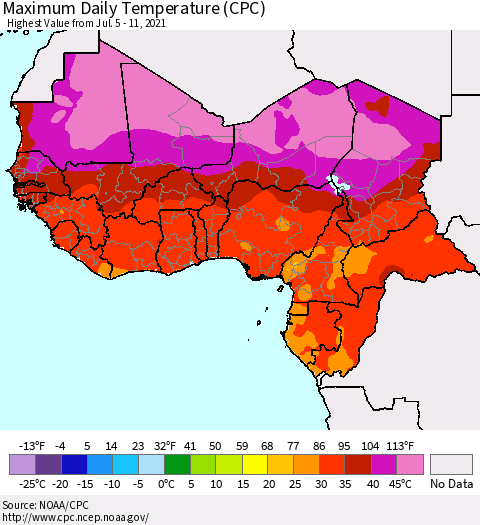Western Africa Maximum Daily Temperature (CPC) Thematic Map For 7/5/2021 - 7/11/2021