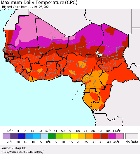 Western Africa Maximum Daily Temperature (CPC) Thematic Map For 7/19/2021 - 7/25/2021