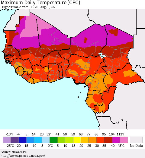 Western Africa Maximum Daily Temperature (CPC) Thematic Map For 7/26/2021 - 8/1/2021