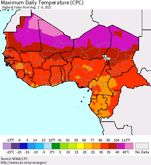 Western Africa Maximum Daily Temperature (CPC) Thematic Map For 8/2/2021 - 8/8/2021