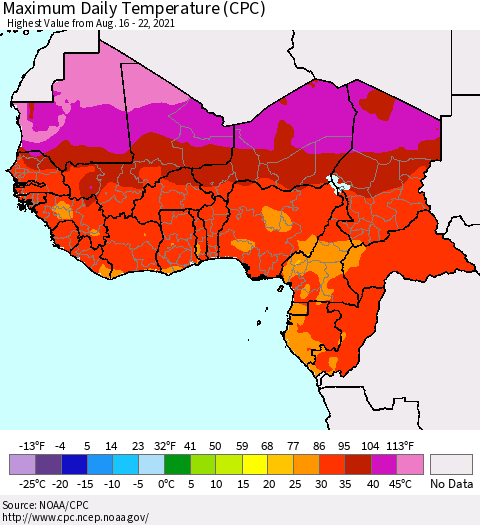 Western Africa Maximum Daily Temperature (CPC) Thematic Map For 8/16/2021 - 8/22/2021