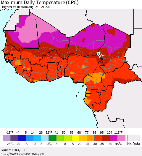 Western Africa Maximum Daily Temperature (CPC) Thematic Map For 8/23/2021 - 8/29/2021