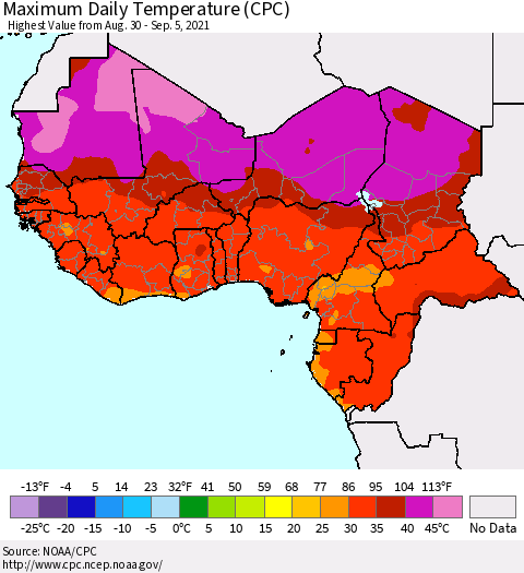 Western Africa Maximum Daily Temperature (CPC) Thematic Map For 8/30/2021 - 9/5/2021