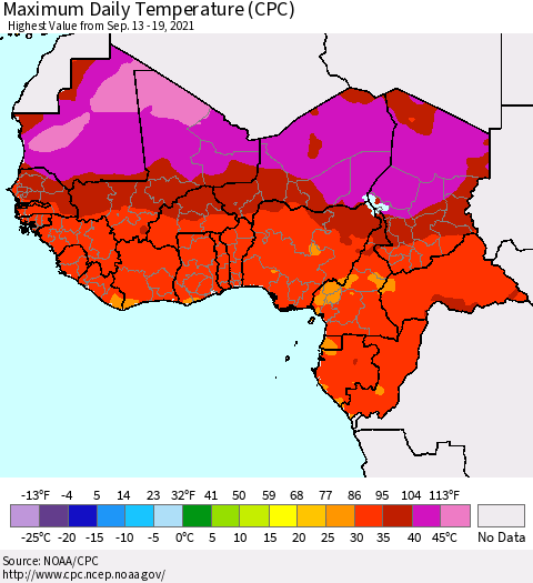 Western Africa Maximum Daily Temperature (CPC) Thematic Map For 9/13/2021 - 9/19/2021