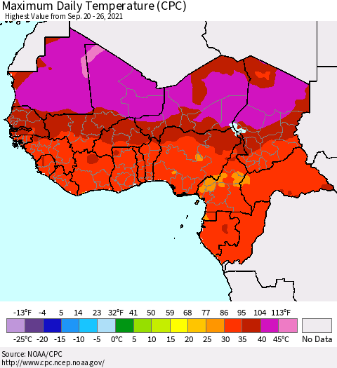 Western Africa Maximum Daily Temperature (CPC) Thematic Map For 9/20/2021 - 9/26/2021