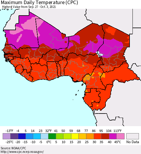Western Africa Maximum Daily Temperature (CPC) Thematic Map For 9/27/2021 - 10/3/2021