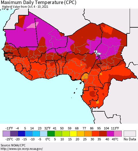 Western Africa Maximum Daily Temperature (CPC) Thematic Map For 10/4/2021 - 10/10/2021