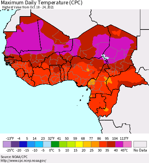 Western Africa Maximum Daily Temperature (CPC) Thematic Map For 10/18/2021 - 10/24/2021