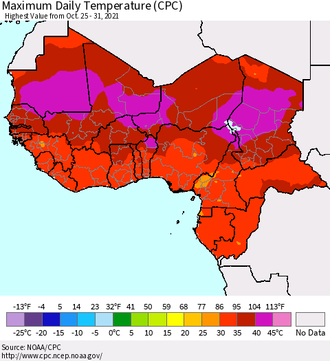 Western Africa Maximum Daily Temperature (CPC) Thematic Map For 10/25/2021 - 10/31/2021
