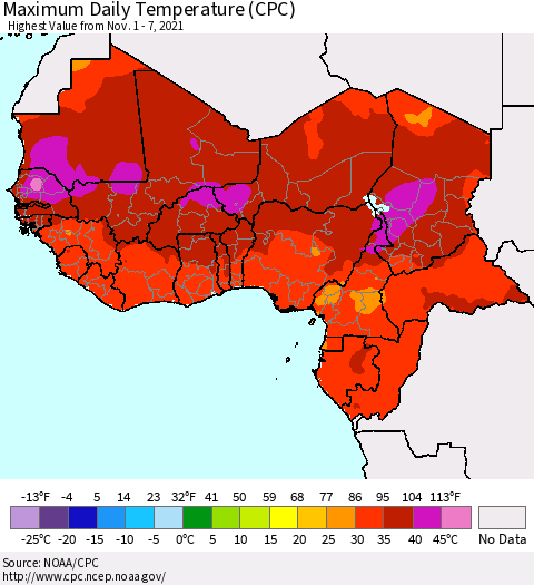 Western Africa Maximum Daily Temperature (CPC) Thematic Map For 11/1/2021 - 11/7/2021