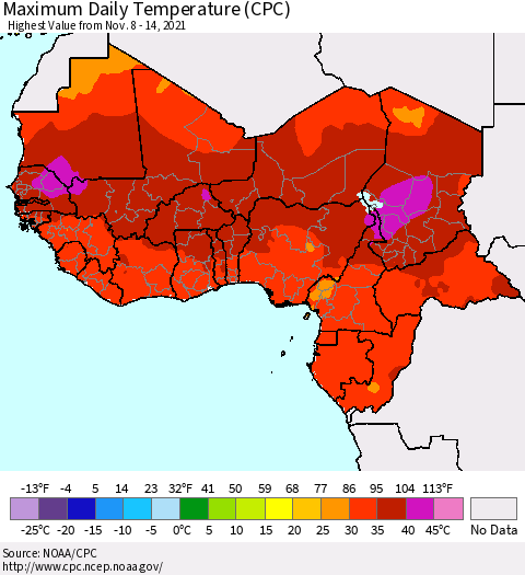 Western Africa Maximum Daily Temperature (CPC) Thematic Map For 11/8/2021 - 11/14/2021