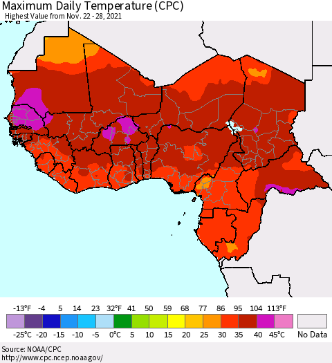 Western Africa Maximum Daily Temperature (CPC) Thematic Map For 11/22/2021 - 11/28/2021