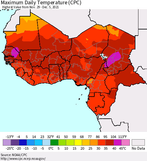 Western Africa Maximum Daily Temperature (CPC) Thematic Map For 11/29/2021 - 12/5/2021