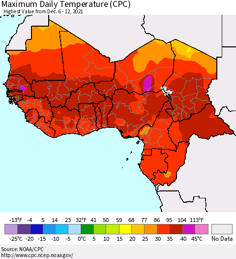 Western Africa Maximum Daily Temperature (CPC) Thematic Map For 12/6/2021 - 12/12/2021