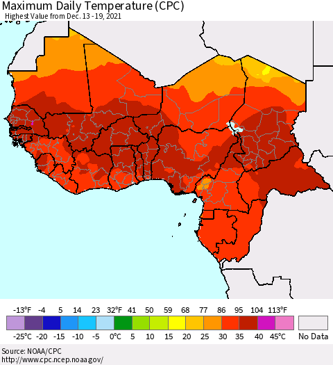 Western Africa Maximum Daily Temperature (CPC) Thematic Map For 12/13/2021 - 12/19/2021