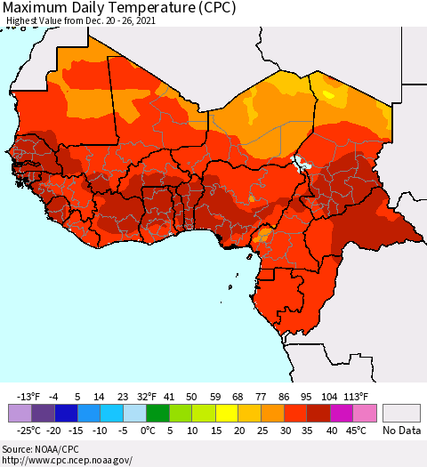 Western Africa Maximum Daily Temperature (CPC) Thematic Map For 12/20/2021 - 12/26/2021