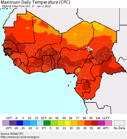 Western Africa Maximum Daily Temperature (CPC) Thematic Map For 12/27/2021 - 1/2/2022