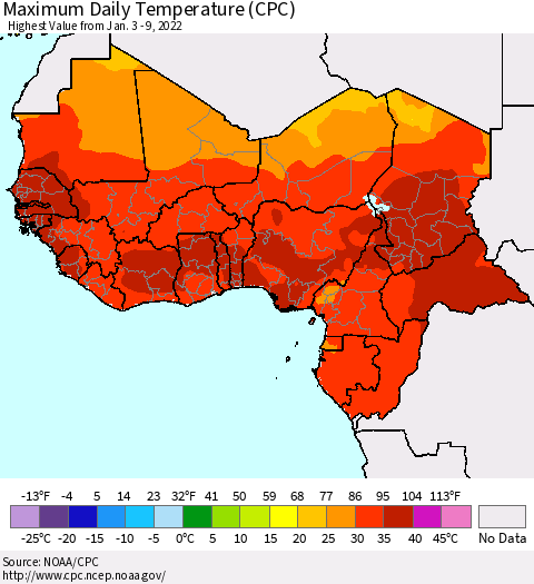 Western Africa Maximum Daily Temperature (CPC) Thematic Map For 1/3/2022 - 1/9/2022
