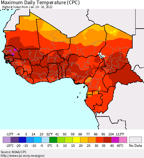 Western Africa Maximum Daily Temperature (CPC) Thematic Map For 1/10/2022 - 1/16/2022