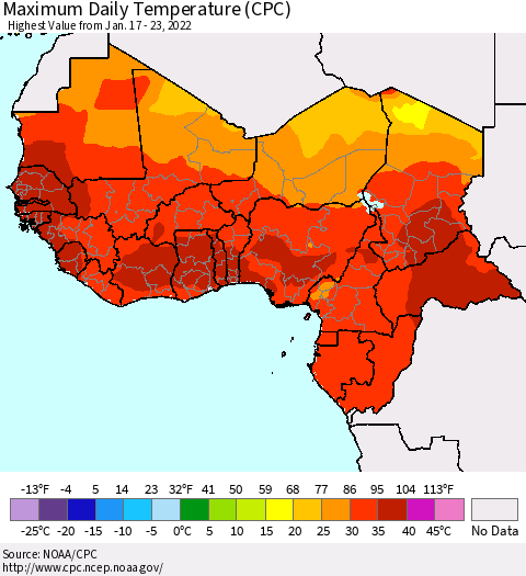 Western Africa Maximum Daily Temperature (CPC) Thematic Map For 1/17/2022 - 1/23/2022