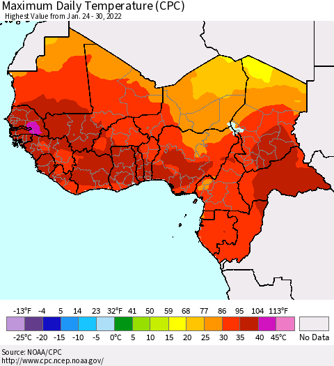 Western Africa Maximum Daily Temperature (CPC) Thematic Map For 1/24/2022 - 1/30/2022