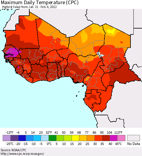 Western Africa Maximum Daily Temperature (CPC) Thematic Map For 1/31/2022 - 2/6/2022