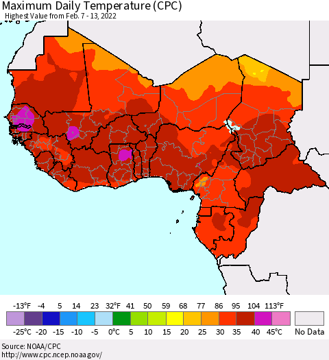 Western Africa Maximum Daily Temperature (CPC) Thematic Map For 2/7/2022 - 2/13/2022