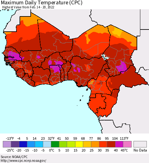 Western Africa Maximum Daily Temperature (CPC) Thematic Map For 2/14/2022 - 2/20/2022